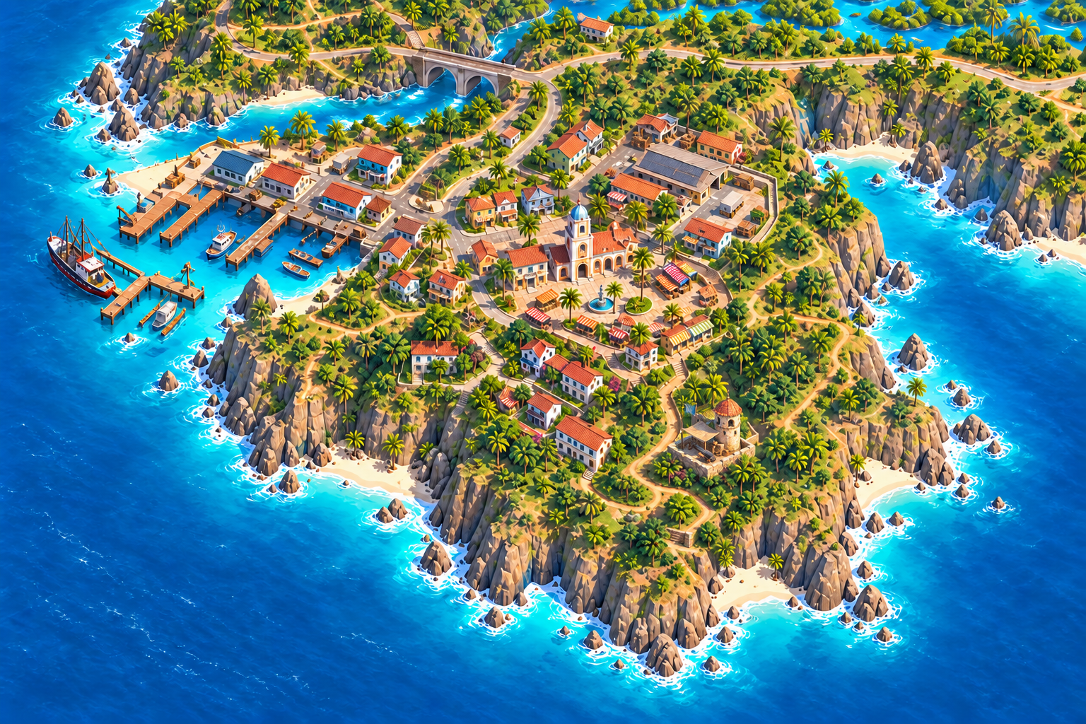 Colourful island town above a turquoise harbour, linked by curving coastal roads and bridges