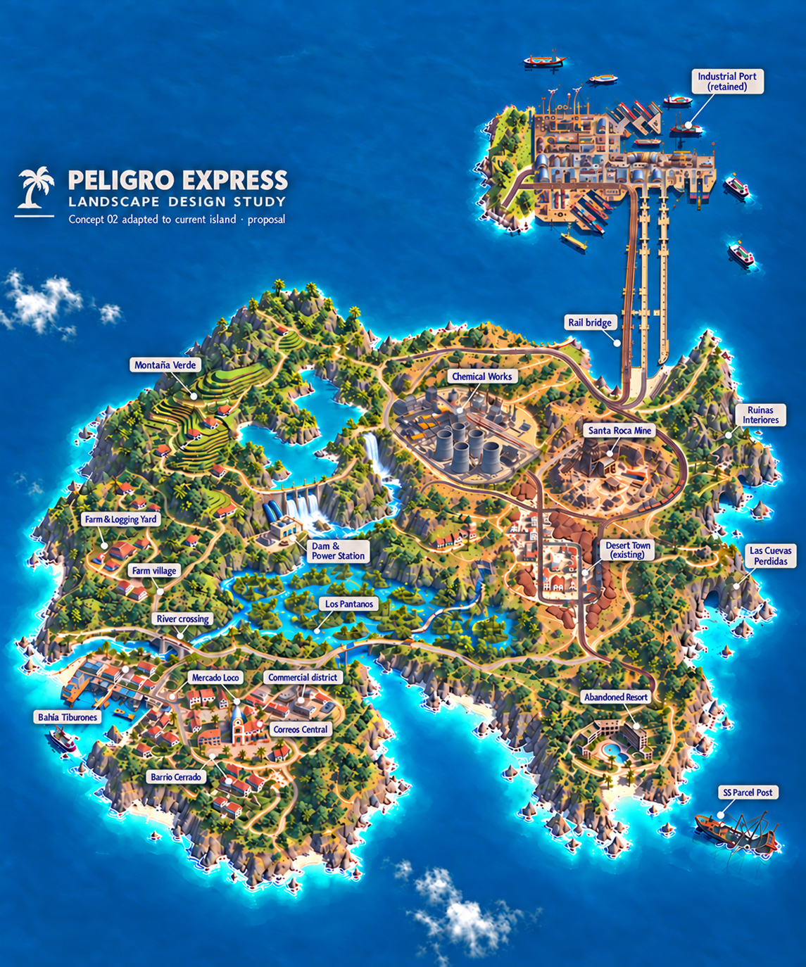Working island concept connecting coastal towns, mountain routes, swamps and industrial areas