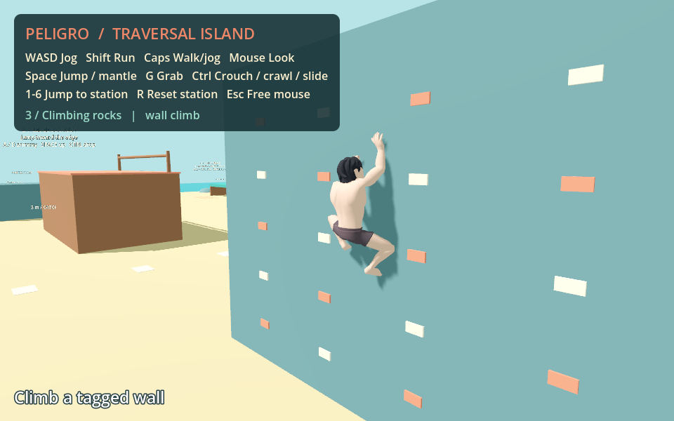 Character testing contact with a climbing wall